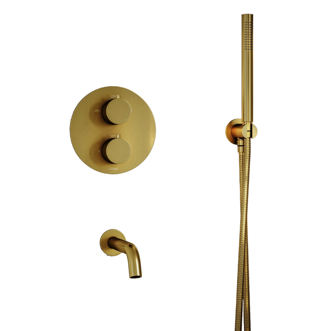 Luxe Brushed Gold 3 Way Thermostatic Shower with Handheld Shower & Bath Spout